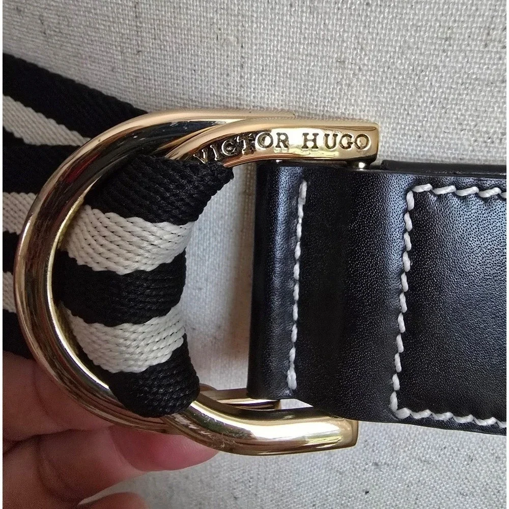 Victor Hugo Nautical Black Ivory Stripe Canvas D-Ring Leather Belt SZ 93 US 10